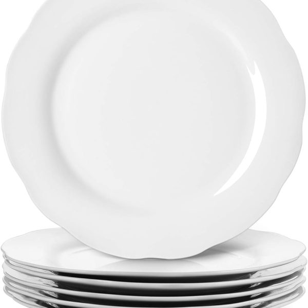 Ceramic Dinner Plates, 10 6 Inch Porcelain Scalloped Plates, Off White Serving Dishes Set of 6 for Home Kitchen, Microwave & Dishwasher Safe, Dinnerware Dishes Gift for Thanksgiving Christmas