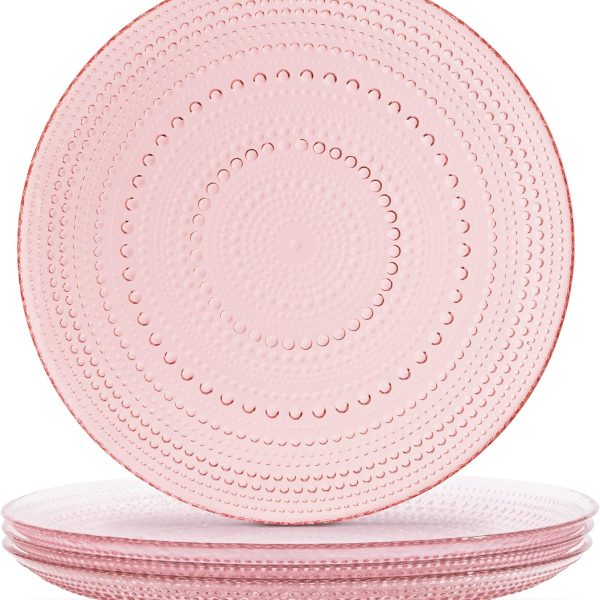 Pink Hobnail Plates, Set of 4 Glass Vintage 10 5” Dinner Plates that are Dishwasher Safe